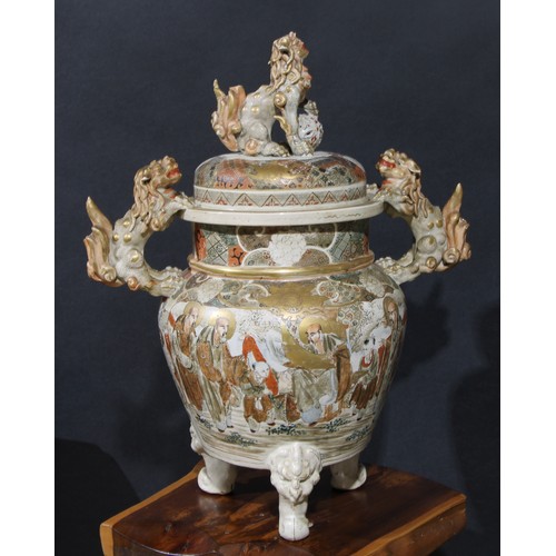 237 - A large Japanese Satsuma koro and cover, gilt and painted in the typical palette, temple lion finial... 