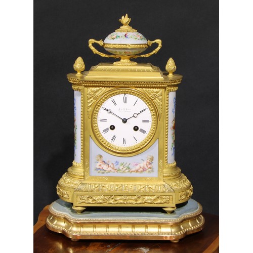 1573 - A 19th century French gilt bronze and porcelain mantel clock, 9.5cm circular enamel dial inscribed L... 