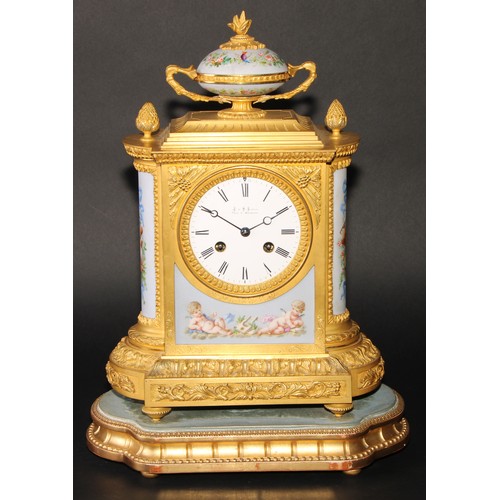 1573 - A 19th century French gilt bronze and porcelain mantel clock, 9.5cm circular enamel dial inscribed L... 