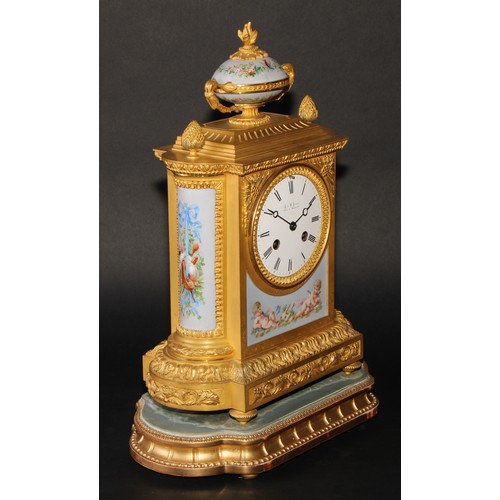 1573 - A 19th century French gilt bronze and porcelain mantel clock, 9.5cm circular enamel dial inscribed L... 