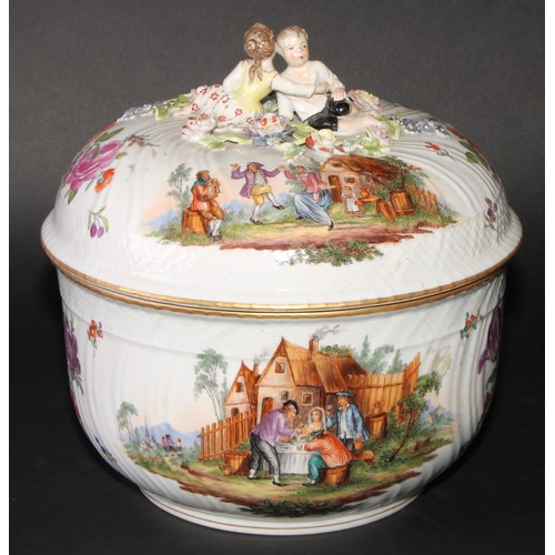 155 - A Dresden porcelain circular tureen and cover, painted in polychrome with genre scenes and Deutsche ... 