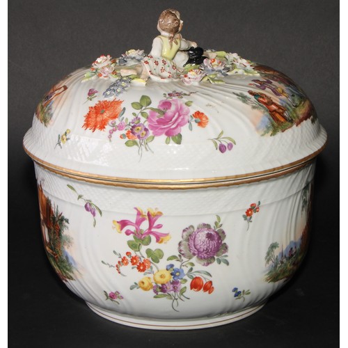 155 - A Dresden porcelain circular tureen and cover, painted in polychrome with genre scenes and Deutsche ... 
