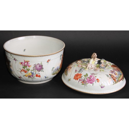 155 - A Dresden porcelain circular tureen and cover, painted in polychrome with genre scenes and Deutsche ... 
