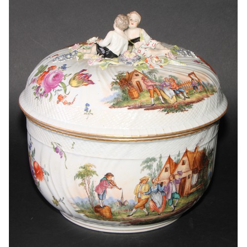 155 - A Dresden porcelain circular tureen and cover, painted in polychrome with genre scenes and Deutsche ... 