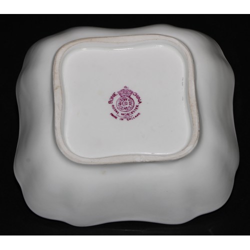 98 - A Royal Worcester shaped square dish, painted by Richard Sebright, signed, with ripe fruit on a moss... 