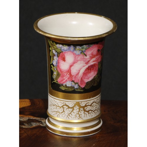 47 - An English porcelain flared cylindrical vase, painted in the Regency taste with roses and gilt with ... 