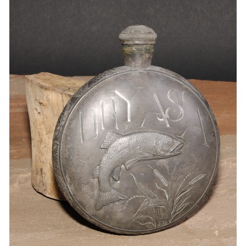 2172 - An Art Nouveau pewter hipflask, applied with a leaping fish and inscribed DRYASA, screw-fitting cove... 