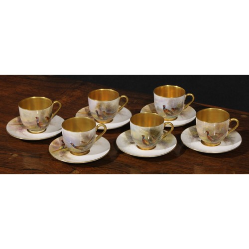 102 - A set of six Royal Worcester coffee cups and saucers, painted by James Stinton, signed, with pheasan... 