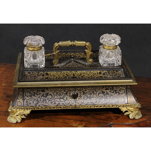 2164 - A large Regency ormolu mounted rosewood and brass marquetry rectangular inkstand, glass wells centre... 