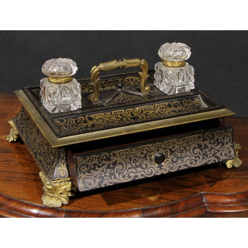 2164 - A large Regency ormolu mounted rosewood and brass marquetry rectangular inkstand, glass wells centre... 