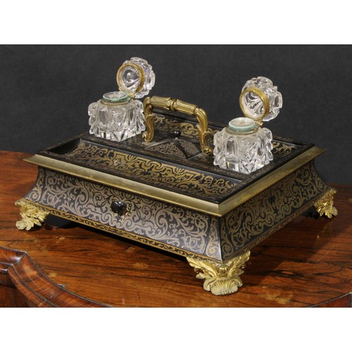 2164 - A large Regency ormolu mounted rosewood and brass marquetry rectangular inkstand, glass wells centre... 