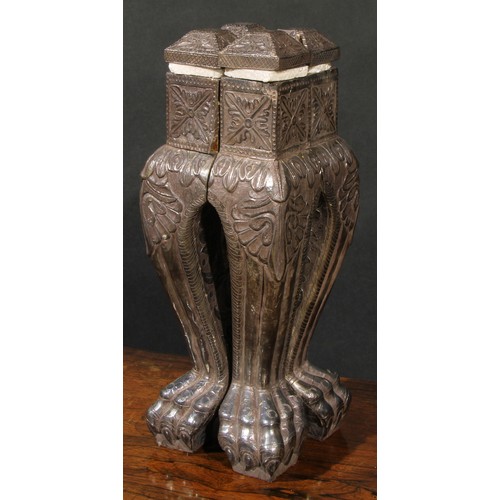 2137 - A set of four Indian silver coloured metal clad table legs, ball and claw feet, 49cm high