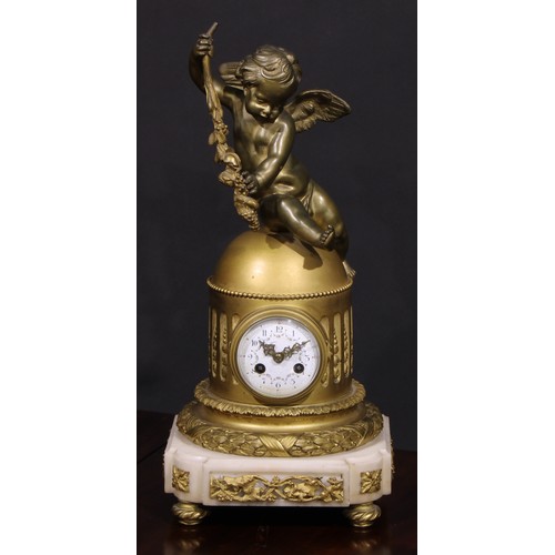 2058 - A Louis XVI Revival gilt bronze and marble figural mantel clock, 7.5cm circular dial inscribed with ... 