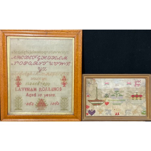 2132 - A Victorian needlework alphabet sampler, by Lavinah Rollings, Aged 10 Years, 1863, worked in coloure... 