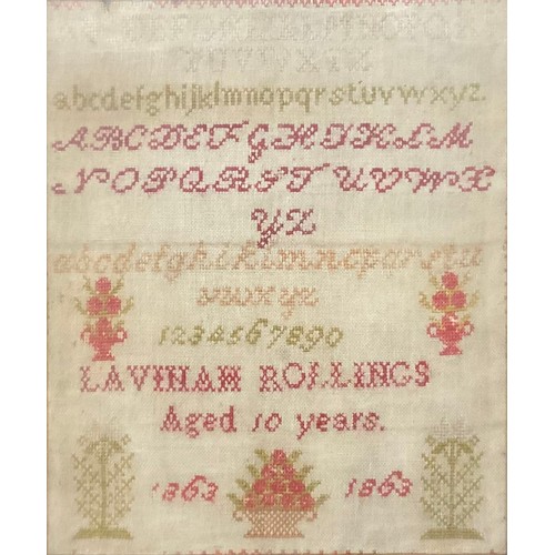 2132 - A Victorian needlework alphabet sampler, by Lavinah Rollings, Aged 10 Years, 1863, worked in coloure... 