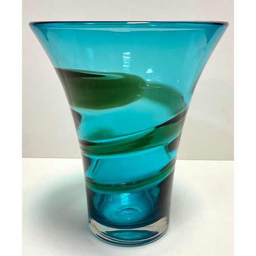 1 - A Mid century glass - a Whitefriars flared conical vase, in kingfisher blue, with green ribbon trail... 