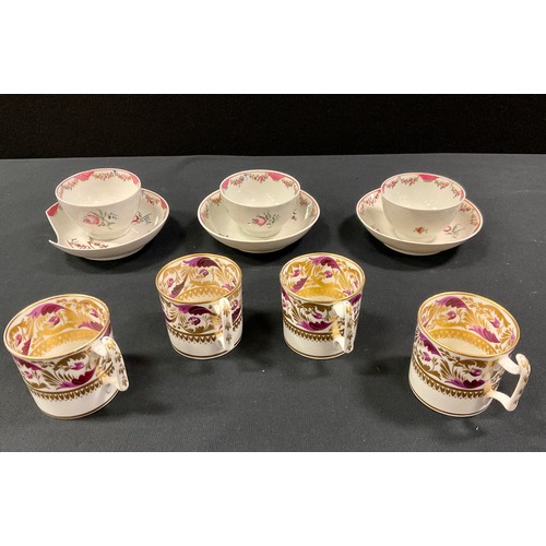 5 - A trio of 18th century New Hall tea bowls and saucers, painted with floral swags and pink scales, al... 