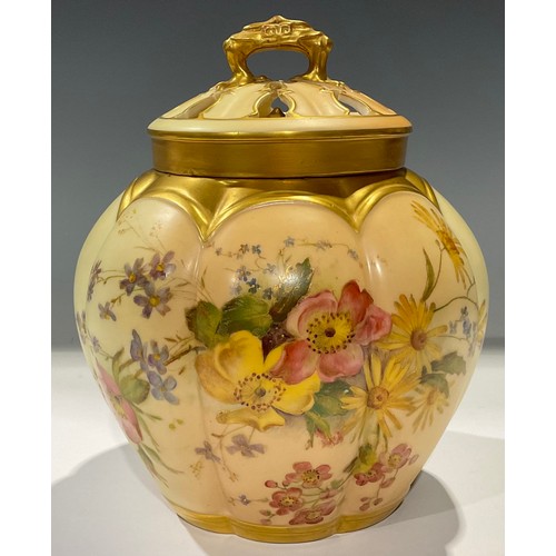 65 - A Royal Worcester Blush Ivory lobed ovoid pot pourri vase and cover, painted with summer flowers on ... 