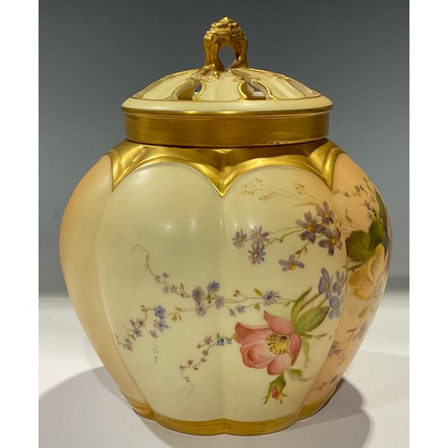 65 - A Royal Worcester Blush Ivory lobed ovoid pot pourri vase and cover, painted with summer flowers on ... 