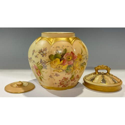 65 - A Royal Worcester Blush Ivory lobed ovoid pot pourri vase and cover, painted with summer flowers on ... 