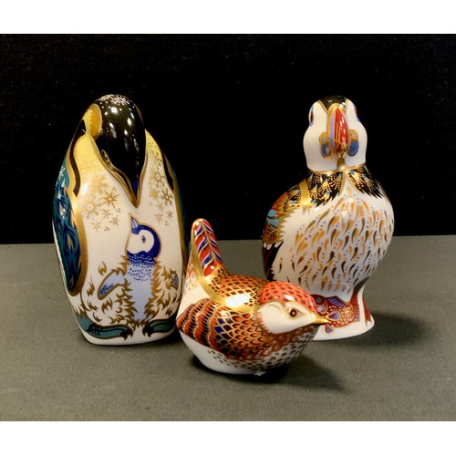 10 - Royal Crown Derby Paperweights - Puffin, Penguin with Chick and Wren, all silver stoppers (3)