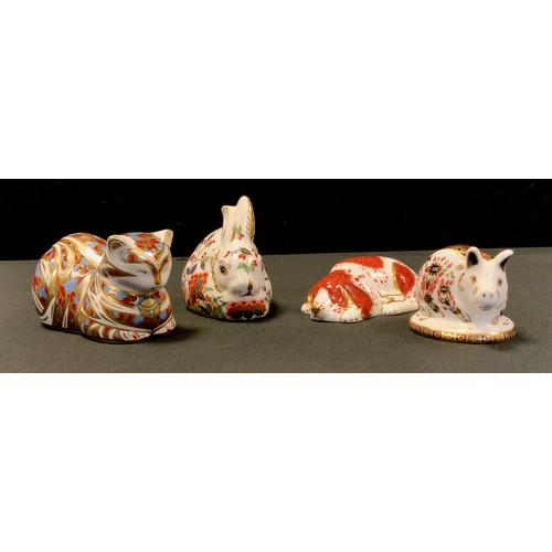 18 - Royal Crown Derby Paperweights - Meadow Rabbit, Poppy, Piglet, all gold stopper, another  Cat, silve... 