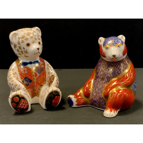 19 - Royal Crown Derby Paperweights - Teddy Bear, gold stopper, another seated Bear, silver stopper (2)