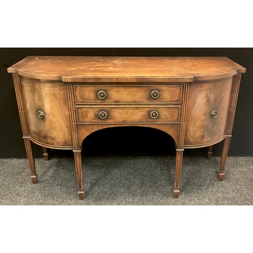 43 - A George III style inlaid mahogany breakfront sideboard, two central drawers, flanked by bowed cupbo... 