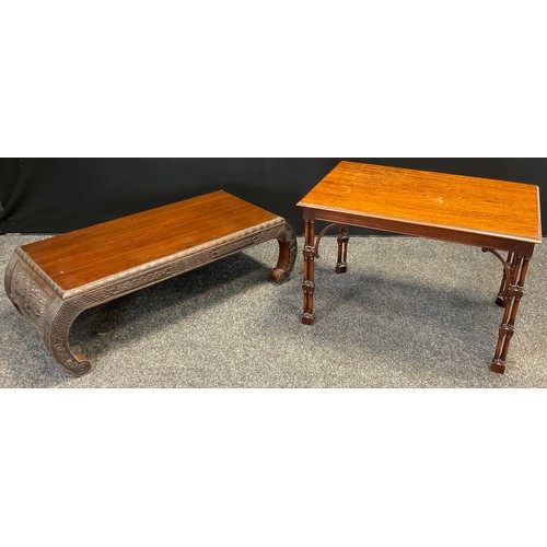 46 - A Chinoiserie carved hardwood low opium table, or coffee table, 28cm high x 92.5cm wide x 40.5cm dee... 