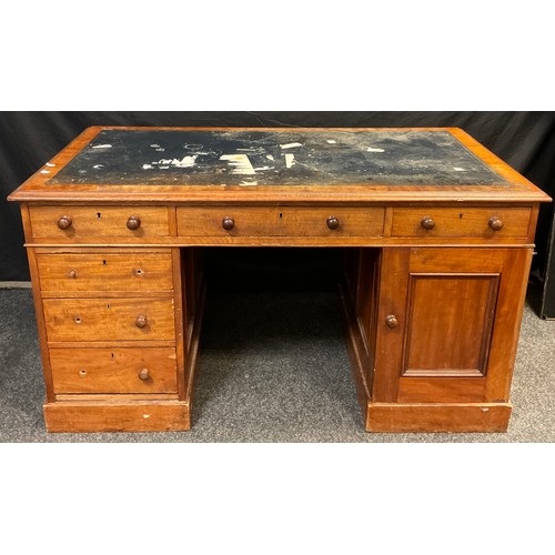 52 - A Victorian mahogany pedestal desk, inset leather top, single long, and two short drawers to frieze,... 