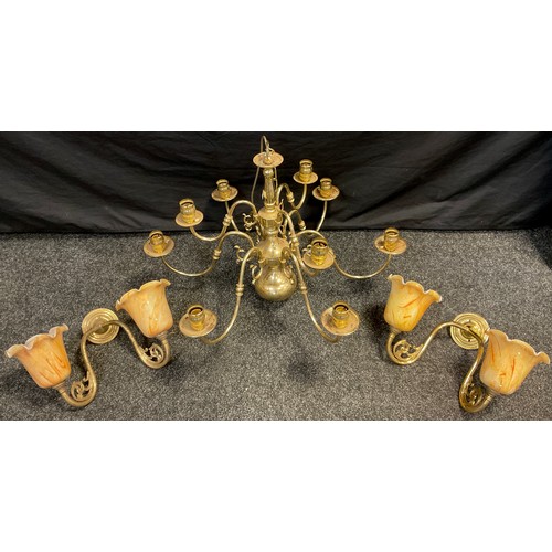 60 - A Dutch style brass nine-branch electro liner / chandelier, 46cm high x 61cm wide;  and similar pair... 