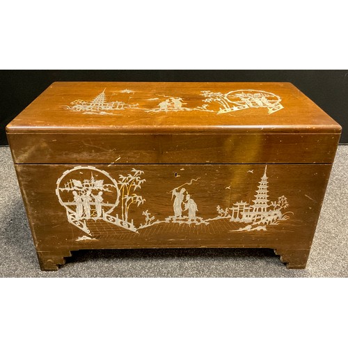 62 - An Oriental Camphor wood blanket chest, inlaid chinoiserie decoration to top and front, carved ‘fan’... 