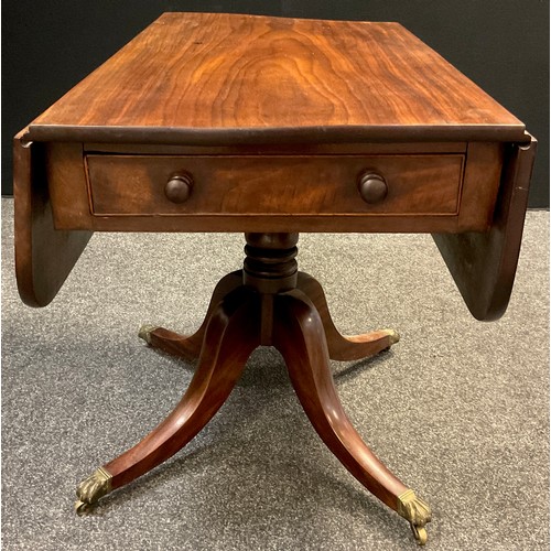 85 - A 19th century mahogany Pembroke table, rounded rectangular top, single short drawer to frieze, faux... 