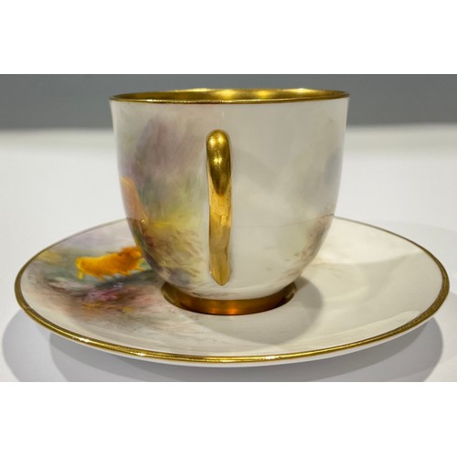 71 - A Royal Worcester coffee cup and saucer, signed Stinton, painted with Highland Cattle, gilt interior... 