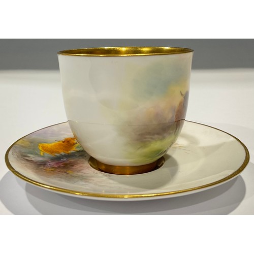 71 - A Royal Worcester coffee cup and saucer, signed Stinton, painted with Highland Cattle, gilt interior... 