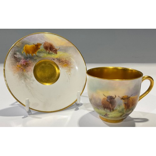 71 - A Royal Worcester coffee cup and saucer, signed Stinton, painted with Highland Cattle, gilt interior... 