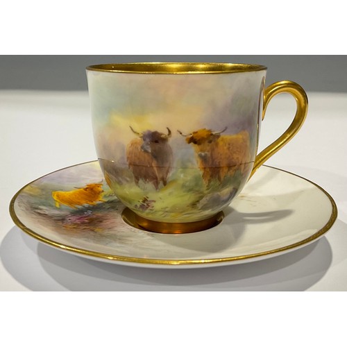 71 - A Royal Worcester coffee cup and saucer, signed Stinton, painted with Highland Cattle, gilt interior... 