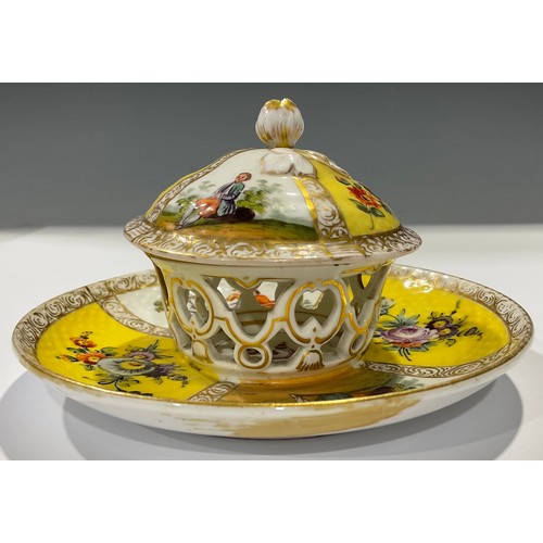 161 - A Meissen floral encrusted miniature teacup and saucer, painted with beetle, insects and blossom, gi... 