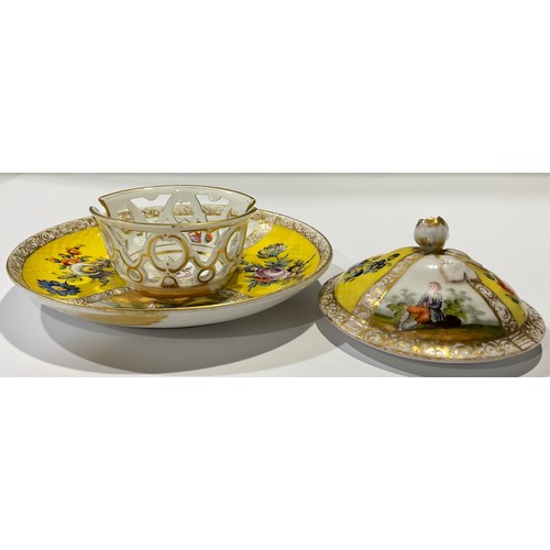 161 - A Meissen floral encrusted miniature teacup and saucer, painted with beetle, insects and blossom, gi... 