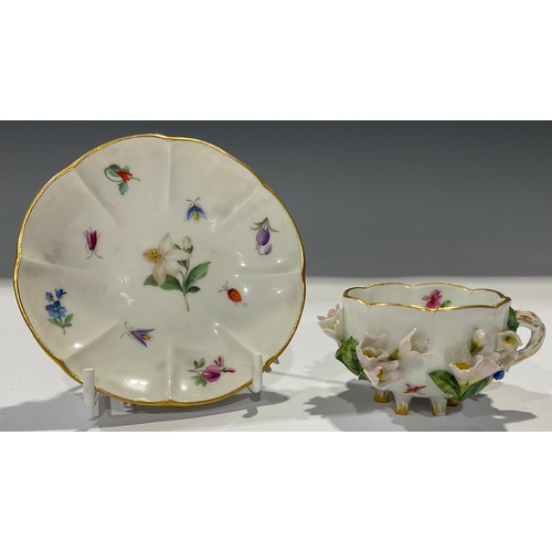 161 - A Meissen floral encrusted miniature teacup and saucer, painted with beetle, insects and blossom, gi... 