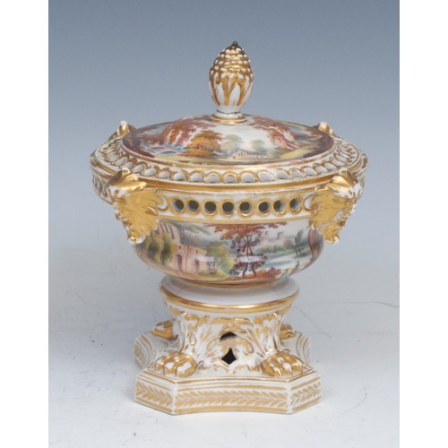 120 - A Derby pot pourri and cover, painted with figures and ruins in a Picturesque landscape, pine cone f... 