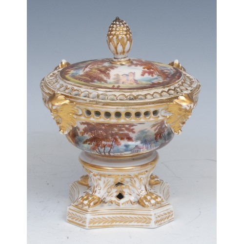 120 - A Derby pot pourri and cover, painted with figures and ruins in a Picturesque landscape, pine cone f... 