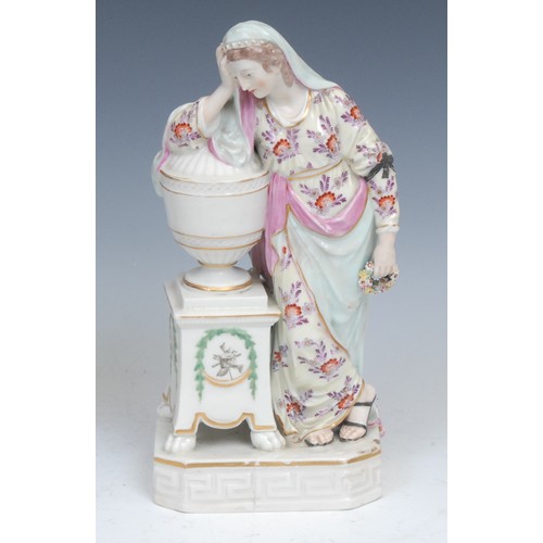 111 - A Derby patch mark figure, Andromache, canted base with Greek key border, 26cm high, incised No.100 ... 