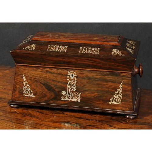 2142 - A William IV rosewood and mother-of-pearl marquetry sarcophagus tea caddy, hinged cover enclosing a ... 