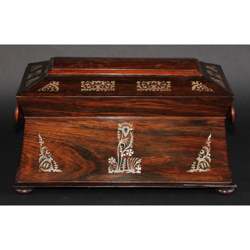 2142 - A William IV rosewood and mother-of-pearl marquetry sarcophagus tea caddy, hinged cover enclosing a ... 