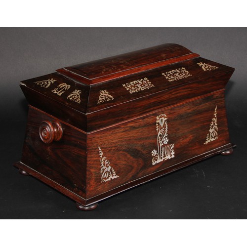 2142 - A William IV rosewood and mother-of-pearl marquetry sarcophagus tea caddy, hinged cover enclosing a ... 