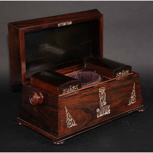 2142 - A William IV rosewood and mother-of-pearl marquetry sarcophagus tea caddy, hinged cover enclosing a ... 