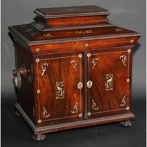 2141 - A William IV rosewood and mother-of-pearl marquetry table-top work cabinet, hinged top enclosing a c... 