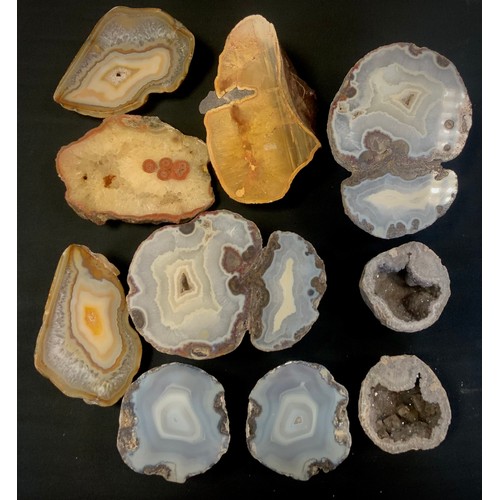 98 - Geological interest - a halved Agate Geode, Druzy crystal centre, each half measuring 17cm x 13cm;  ... 