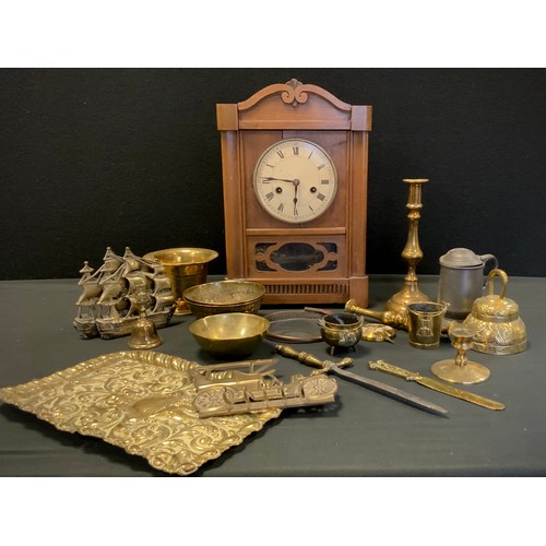 121 - Brass & Copper - a 19th century brass pestle and mortar, pair of bookends, tray, etc, oak clock.